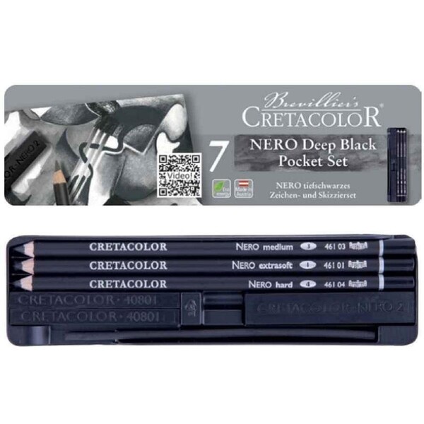 Cretacolor Nero 7-Piece Carbon Artist Drawing Set in Pocket Tin
