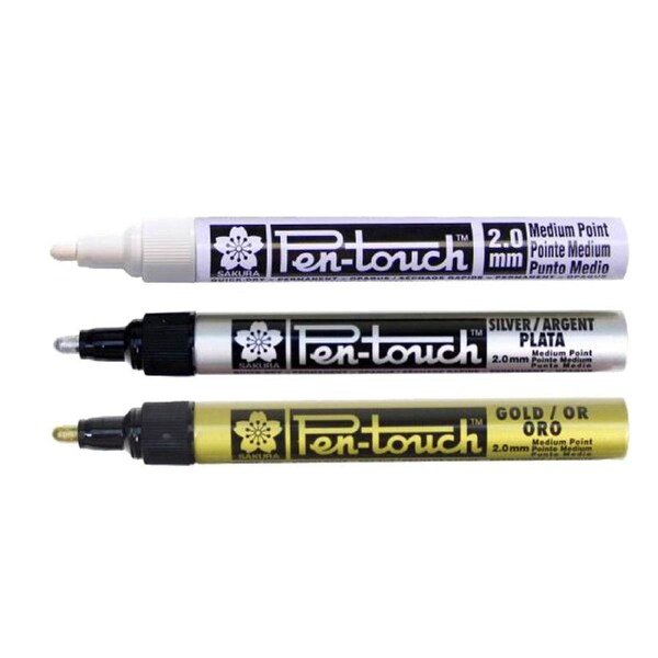 Sakura Pen Touch 3pc Set 2.0mm Permanent Paint Marker White Gold & Silver