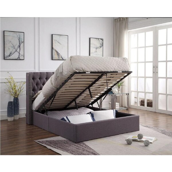 Bologna Premium Fabric Queen Bed Frame Grey Gaslift