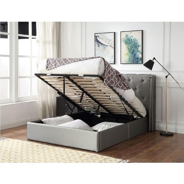 Empress Premium PU Fabric King Bed Frame Silver Gaslift