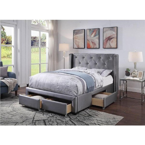 Empress Premium PU Fabric Queen Bed Frame Drawers Silver