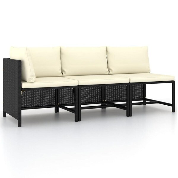 3 Piece Garden Sofa Set with Cushions Black Poly Rattan vidaXL