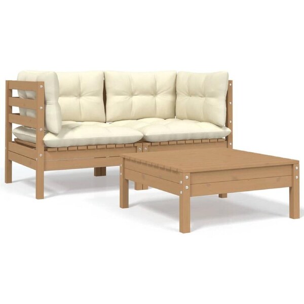 3 Piece Garden Lounge Set with Cream Cushions Solid Pinewood vidaXL