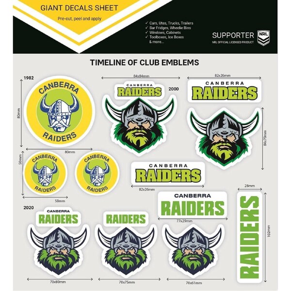 NRL Giant Decal Sheet - Canberra Raiders - Timeline Of Club Logos - Stickers