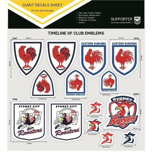 NRL Giant Decal Sheet - Sydney Roosters - Timeline Of Club Logos