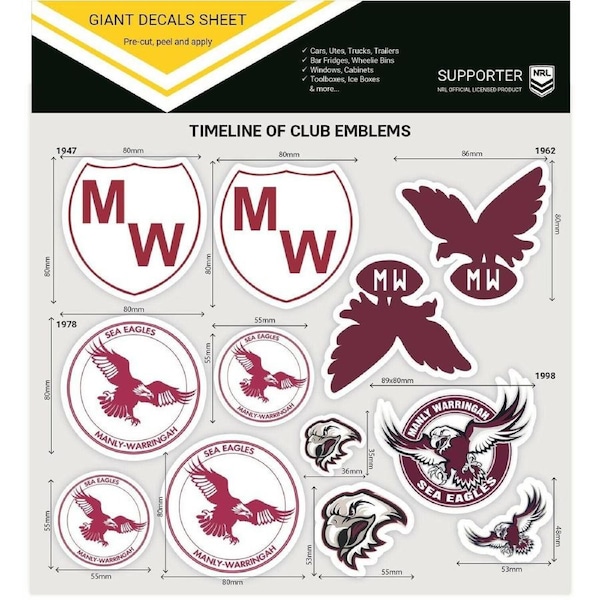 NRL Giant Decal Sheet - Manly Sea Eagles - Timeline Of Club Logos - Stickers