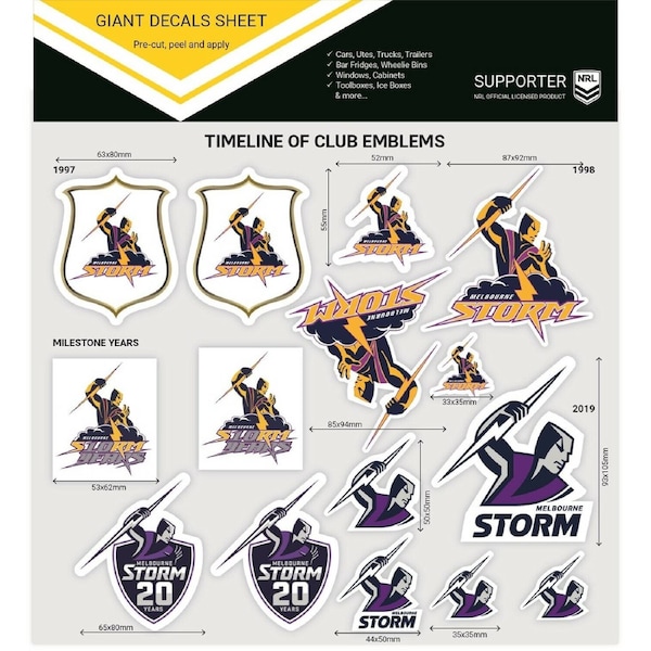 NRL Giant Decal Sheet - Melbourne Storm - Timeline Of Club Logos - Stickers