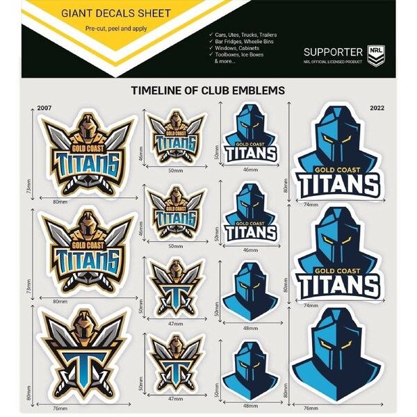 NRL Giant Decal Sheet - Gold Coast Titans - Timeline Of Club Logos - Stickers