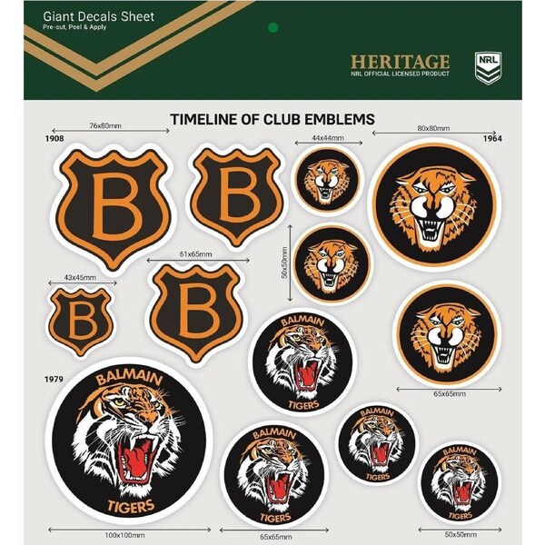 NRL Giant Decal Sheet - Balmain Tigers - Timeline Of Club Logos - Stickers