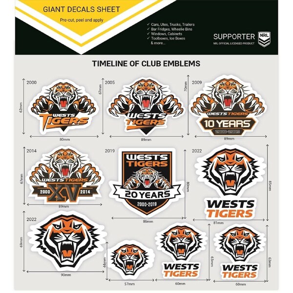 NRL Giant Decal Sheet - West Tigers - Timeline Of Club Logos - Stickers
