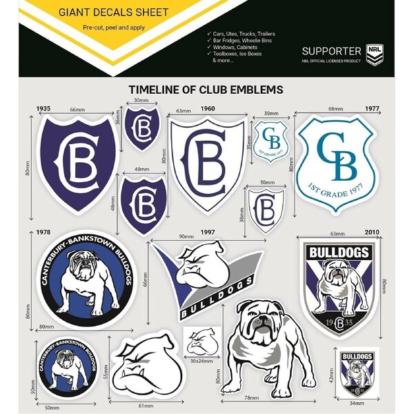 NRL Giant Decal Sheet - Canterbury Bulldogs - Timeline Of Club Logos - Stickers