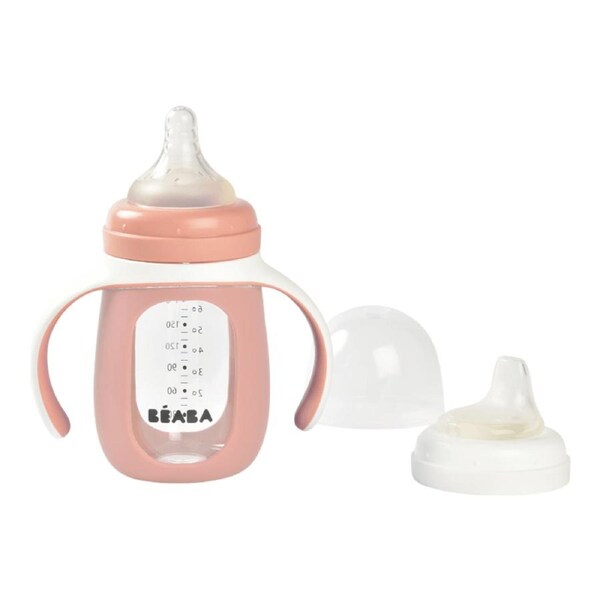 Beaba 2-in-1 Glass Learning Cup with Silicone Protective Sleeve 210ml - Vintage Pink
