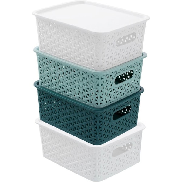 4x Boxsweden Wicker 25cm Woven Basket Home Organiser Storage w/ Lid Small Asst