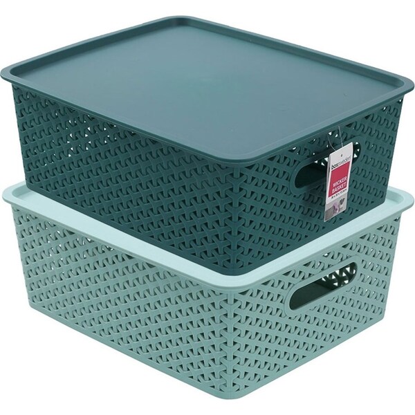 2x Boxsweden Wicker 36x13.5cm Woven Basket Home Organiser Storage w/ Lid M Asst