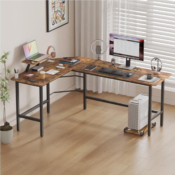 Advwin L-Shaped Corner Desk with Removable Shelf Stand Office Computer Desk Home Workstation Walnut