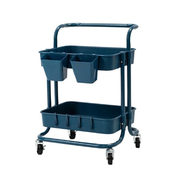 Trolley Cart Storage Utility Rack Shelf Organiser Swivel Kitchen 2 Tier BLUE