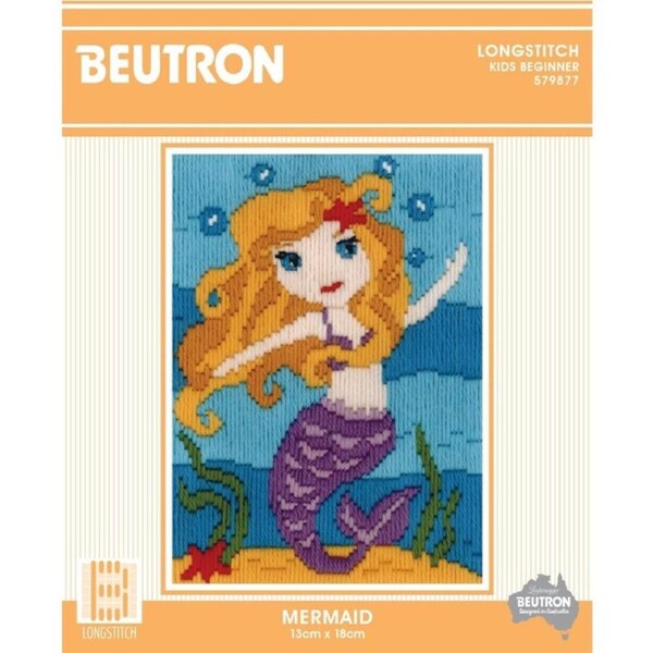 BEUTRON Long Stitch Kit Kids Beginner Mermaid 13x18cm