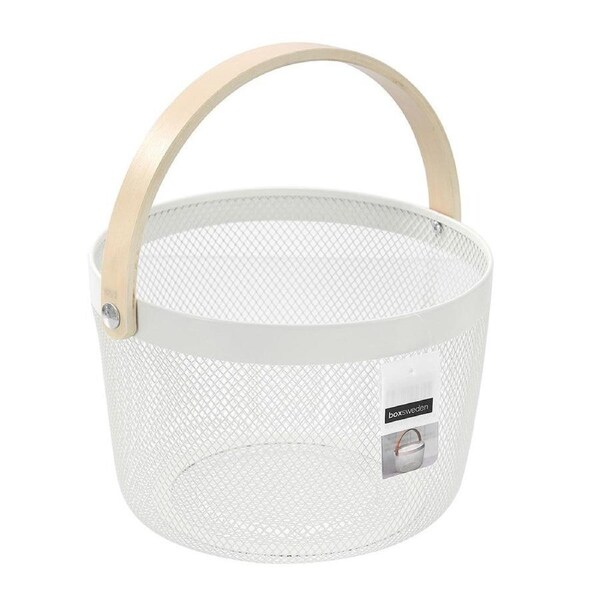Box Sweden Mesh Round Basket Wood Handle 26x26x18cm White