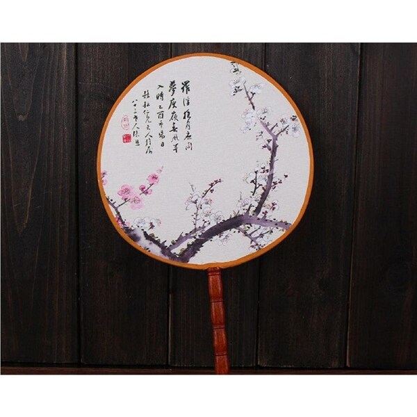 2 x Silk Fan Round Fans Bamboo Wooden Handle Traditional Chinese Fans