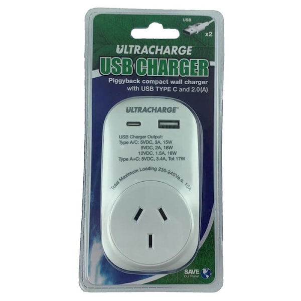 Ultracharge Power Adaptor Wall Plug Outlet Socket w/ Dual USB/USB-C Port White