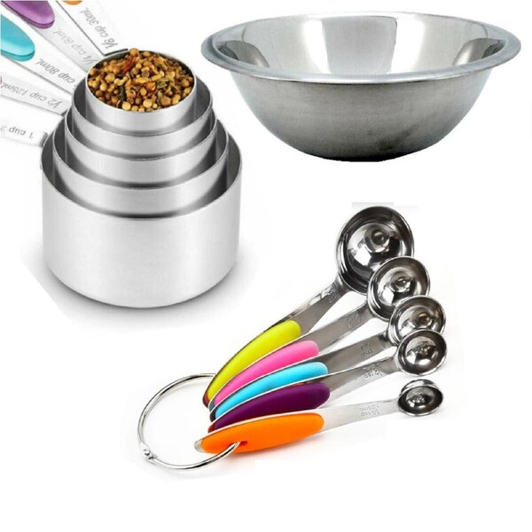 11PCS Stainless Steel Measuring Spoons Cups & 26CM Mixing Bowl Value Set