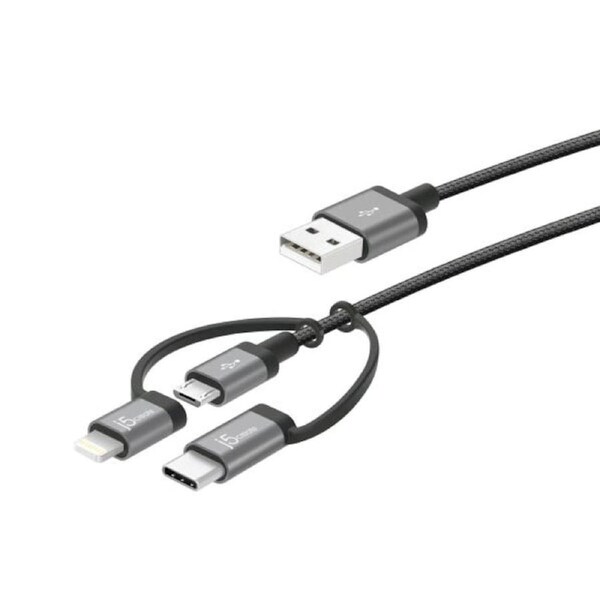 J5create JMLC11B 3-in-1 USB Charging Sync Cable USB-A to Apple Lightning 8-pin, USB-C or USB Micro-B for iOS or Android device - Apple MFi-Certified