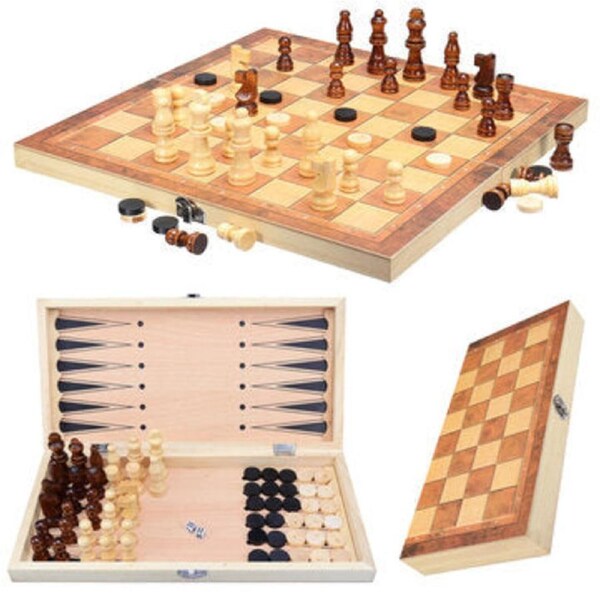 3-in-1 Folding Chessboard Wood Chess Board Box Puzzle Kids Adult Game Toy with Chess