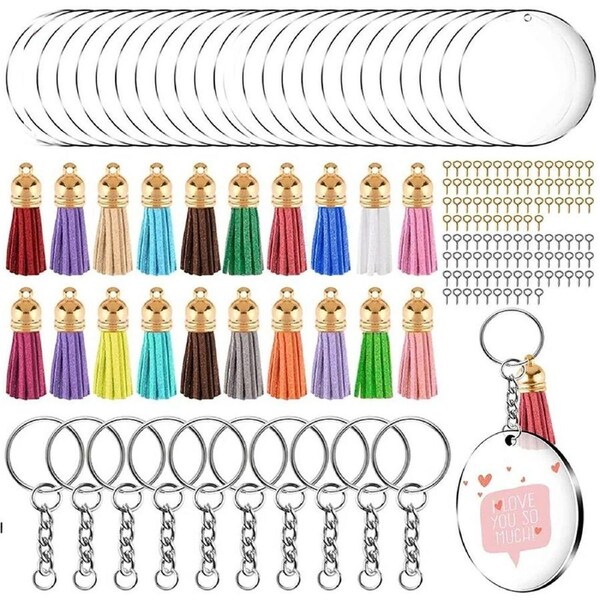 Clear Acrylic Circle Discs Keychain Blanks Tassel Pendants Key Ring DIY Kit