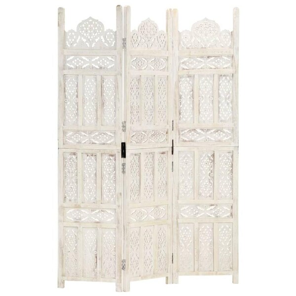 Hand carved 3-Panel Room Divider White 120x165 cm Solid Mango Wood vidaXL