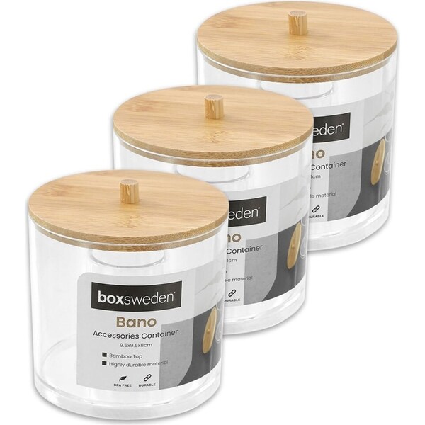 3x Boxsweden Bano 9.5x11cm Clear Accessories Container Organiser w/ Bamboo Lid
