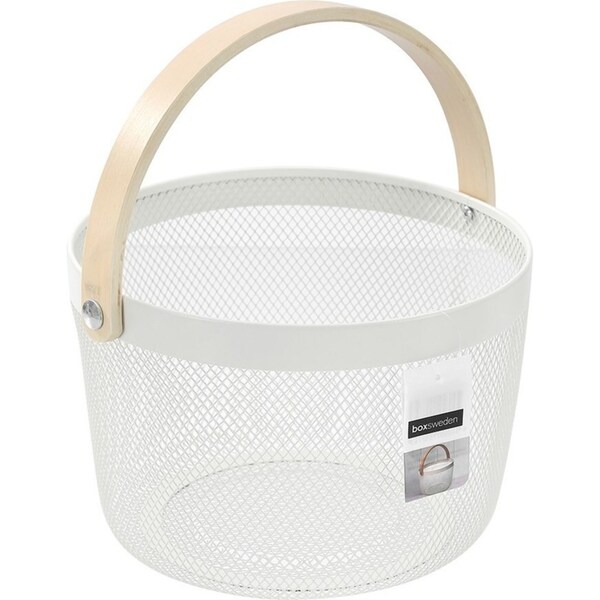 Boxsweden 26x18cm Mesh Round Home Storage Basket w/ Wood Handle Organiser White