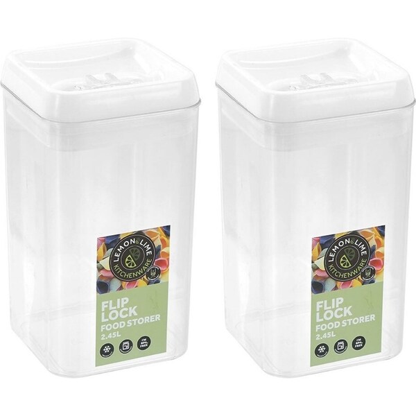 2x Lemon & Lime Flip Lock 2.45L/23cm Food Storer/Storage Square Container Clear