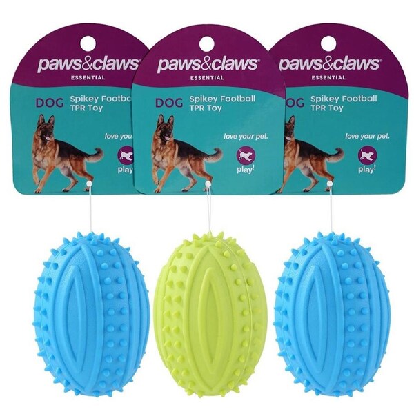 3x Paws & Claws 9.5cm TPR Spikey Football Pet Interactive Playing/Chew Toy Asst
