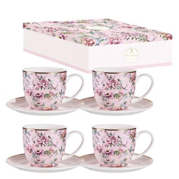 Ladelle Chinoiserie Pink 4 Cups and Saucers Set Giftboxed