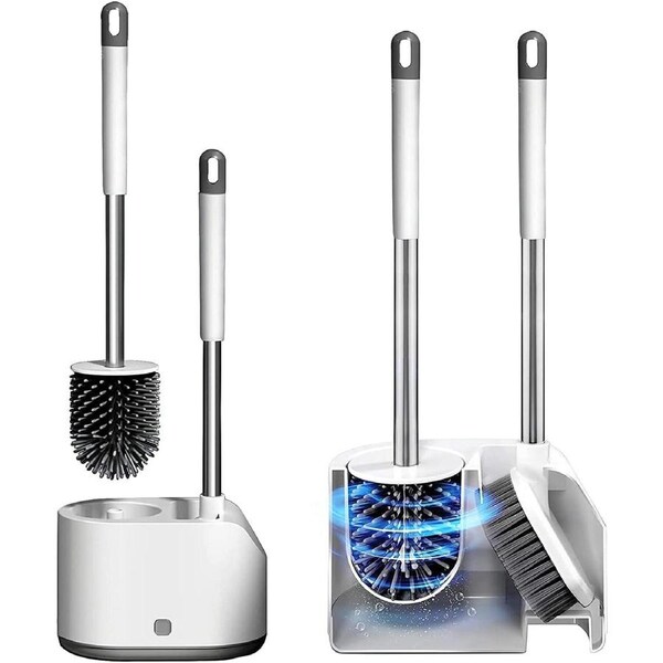 2 in 1 Silicone Toilet Brush and Holders, Upgraded Modern Toilet Brush, Bathroom Toilet Brush Set with Non-Slip Long PP Handle and Soft TPR Silicone Bristles with Bathtub Brush