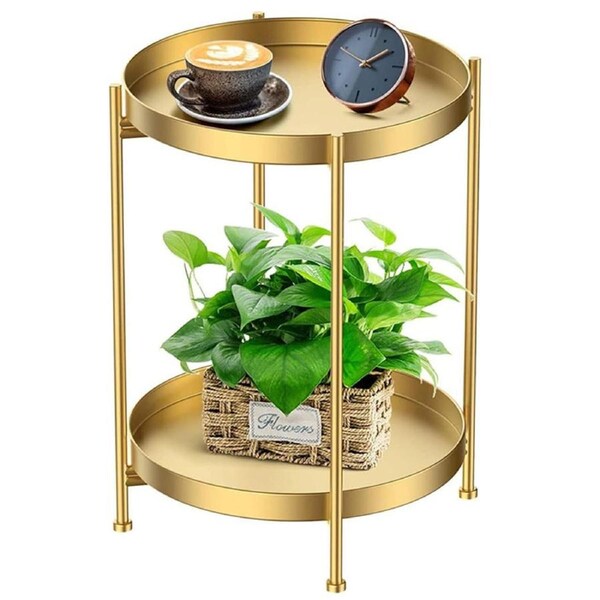 Round Side Table 2-Tier Sofa Table Metal End Table,Foldable Coffee Table for Small Spaces,Bedroom,Patio