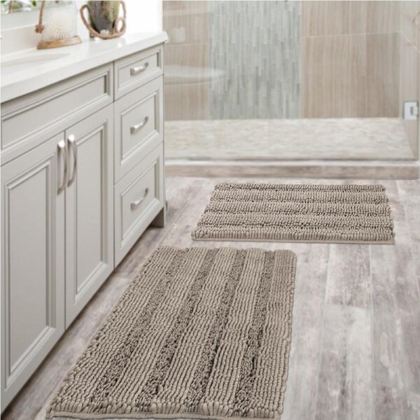 Chenille Bath Mat Non Slip Bath Mat Set for Bathroom Extra Thick Soft Striped Bath Rug Water Absorbent Shag Carpet for Indoor Kitchen Khaki / 51cm x 81cm & 43cm x 61cm