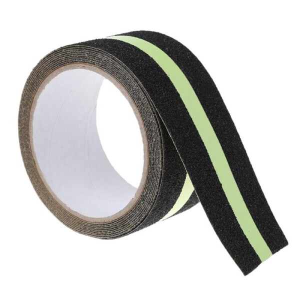 Dolphy Anti-Skid Safety Tape 50mm x 18m - Black with Glow-in-the-Dark Stripe, 60-Grit Slip-Resistant Surface, Water & Chemical Resistant for Indoor & Outdoor High-Traffic Safety