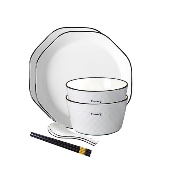 SOGA Diamond Pattern Ceramic Dinnerware Set Crockery Soup Bowl Plate Server Kitchen Home Decor Set of 4