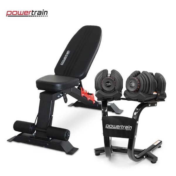 Powertrain 80KG Adjustable Dumbbell Set & Stand with Heavy-Duty FID Bench