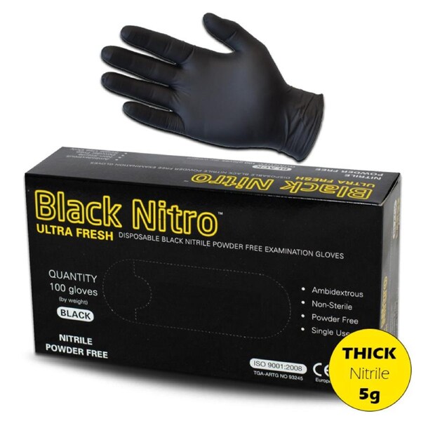 100pcs Nitrile Gloves Powder Free Premium Black 5g - Size Large
