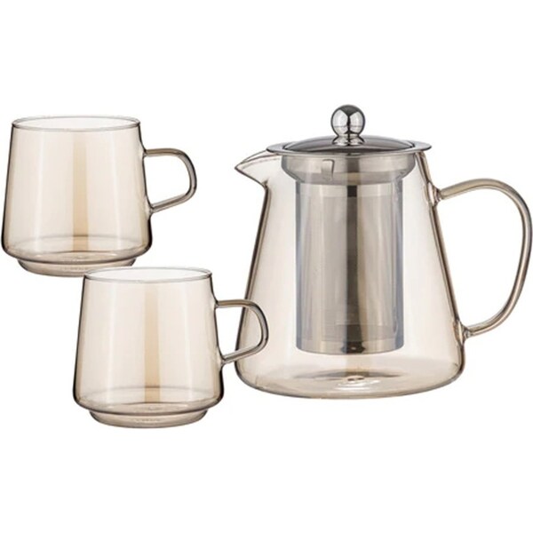 3pc Tempa Oaklyn Gold Glass Teapot/Mugs Set Home/Kitchen Hot/Cold Drinks