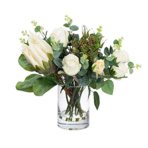 Glamorous Fusion Protea & Rose Mixed Artificial Fake Plant Decorative Arrangement 40cm In Glass Multicolour