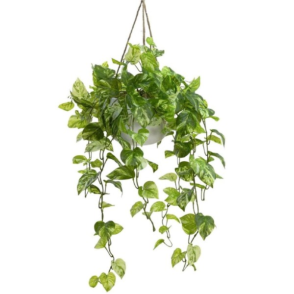 Glamorous Fusion Pothos Bush Artificial Fake Plant Decorative Arrangement 104cm In Hanging Planter Marble Green