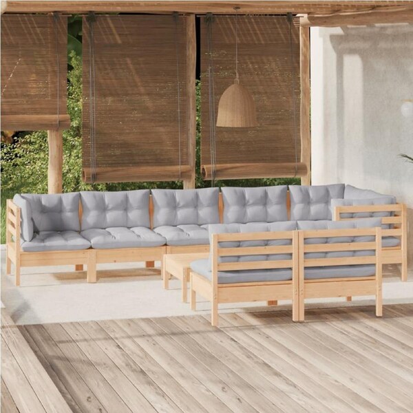 9 Piece Garden Lounge Set with Grey Cushions Solid Pinewood vidaXL
