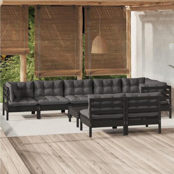 9 Piece Garden Lounge Set with Cushions Black Solid Pinewood vidaXL