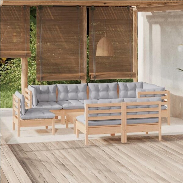 9 Piece Garden Lounge Set with Grey Cushions Solid Pinewood vidaXL