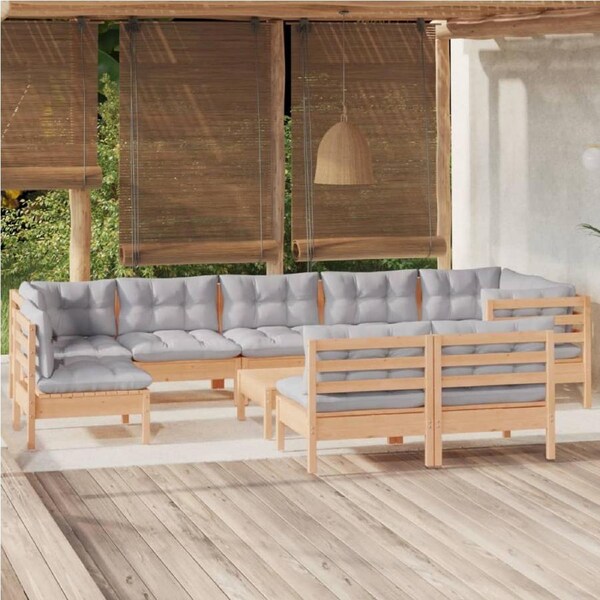 10 Piece Garden Lounge Set with Grey Cushions Solid Pinewood vidaXL