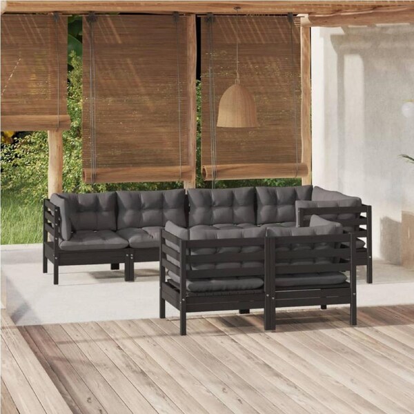 7 Piece Garden Lounge Set with Cushions Black Solid Pinewood vidaXL