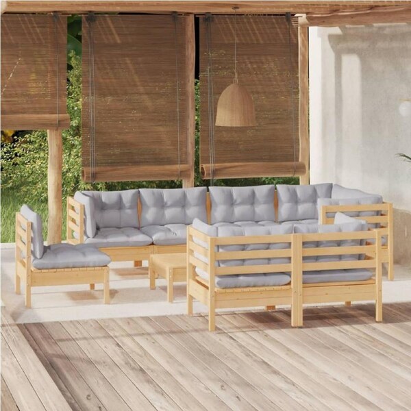 9 Piece Garden Lounge Set with Grey Cushions Solid Pinewood vidaXL